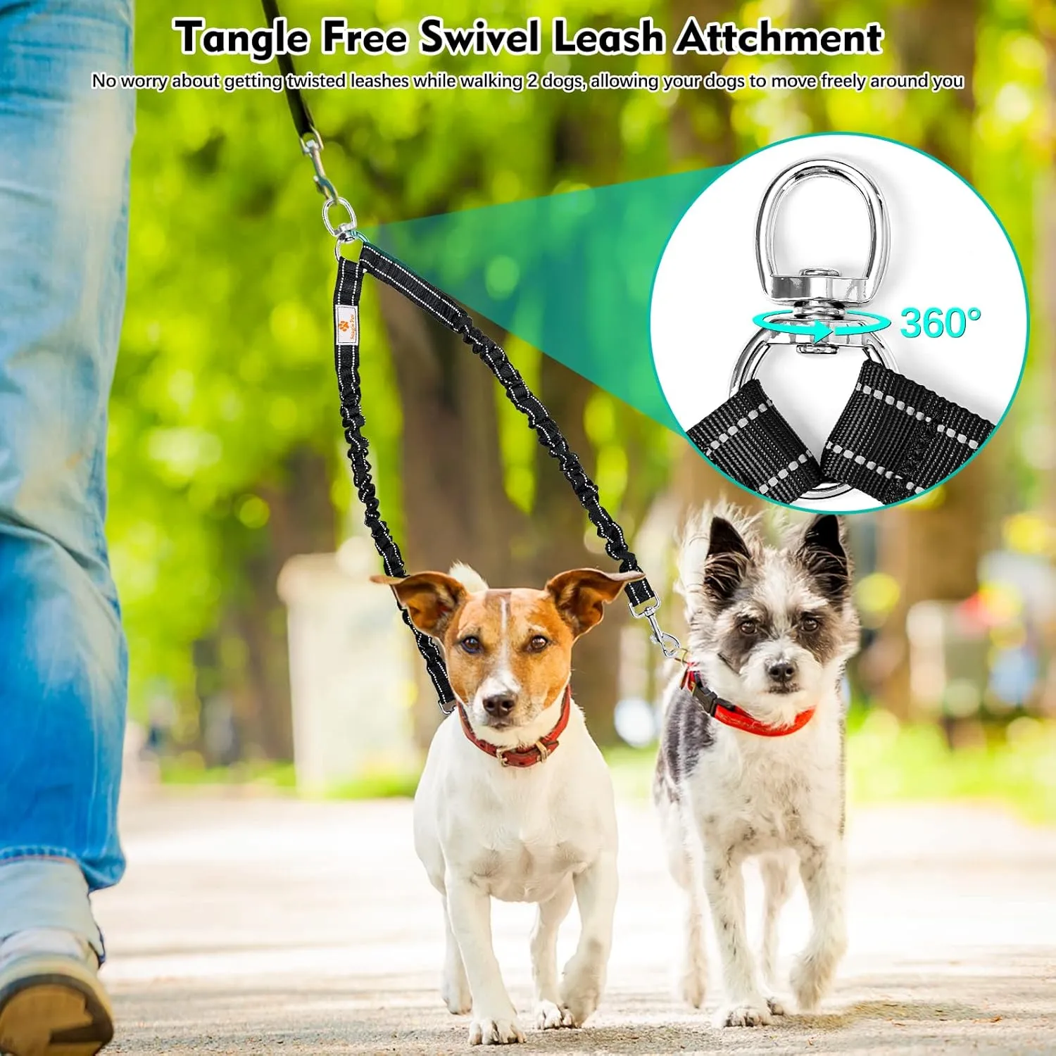 2 Dog Leash, 360 Swivel No Tangle Double Dog Walking & Training Leash, Comfortable Shock Absorbing Reflective Bungee Lead Walk 2 Dogs with Ease