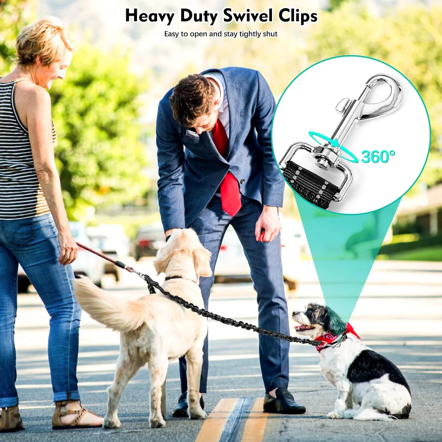 2 Dog Leash, 360 Swivel No Tangle Double Dog Walking & Training Leash, Comfortable Shock Absorbing Reflective Bungee Lead Walk 2 Dogs with Ease