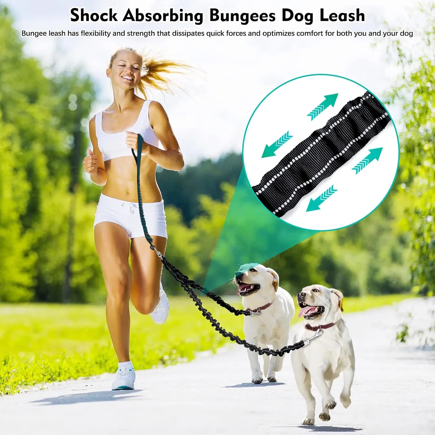 2 Dog Leash, 360 Swivel No Tangle Double Dog Walking & Training Leash, Comfortable Shock Absorbing Reflective Bungee Lead Walk 2 Dogs with Ease