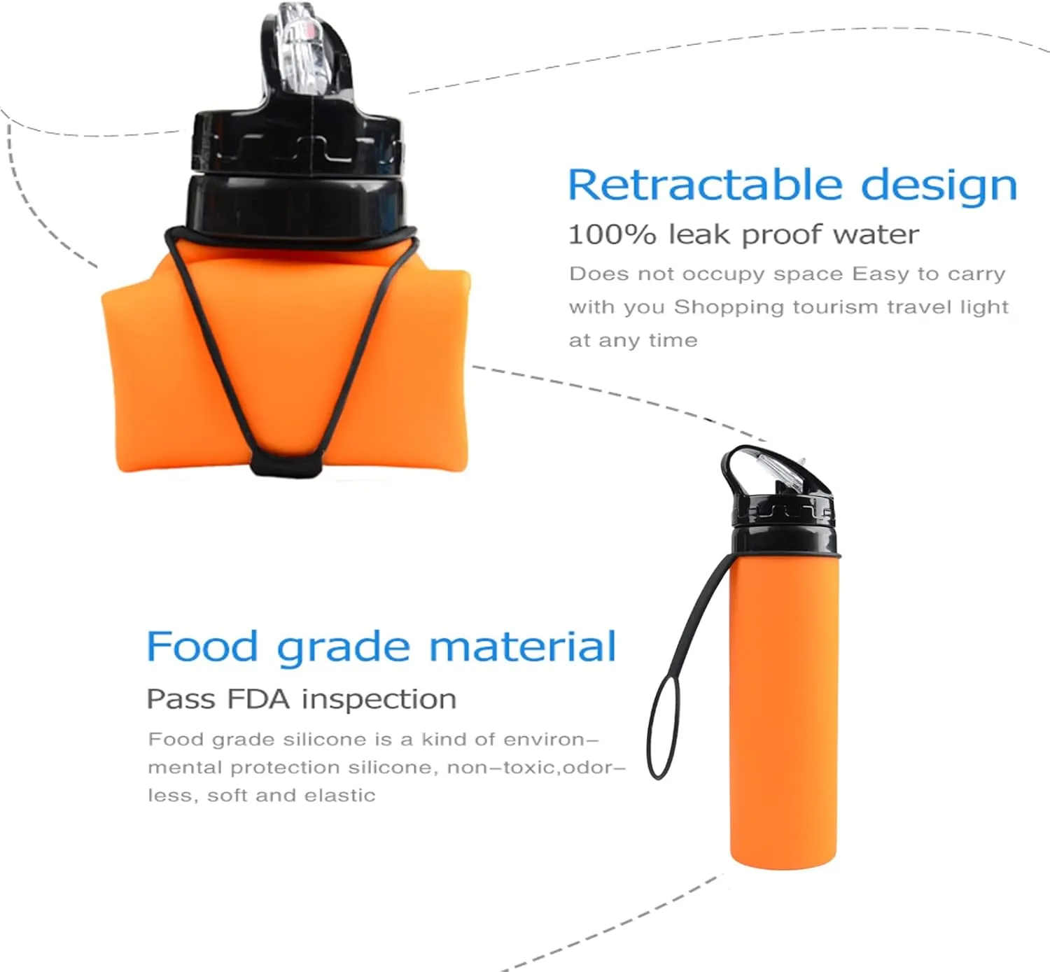 21oz 600ml Silicone Travel Water Bottle, Reusable Water Bottles For School, Collapsible Water Bottles for Traveling, Foldable Sports Water Bottle Squeeze, Travel Essentials(Orange)