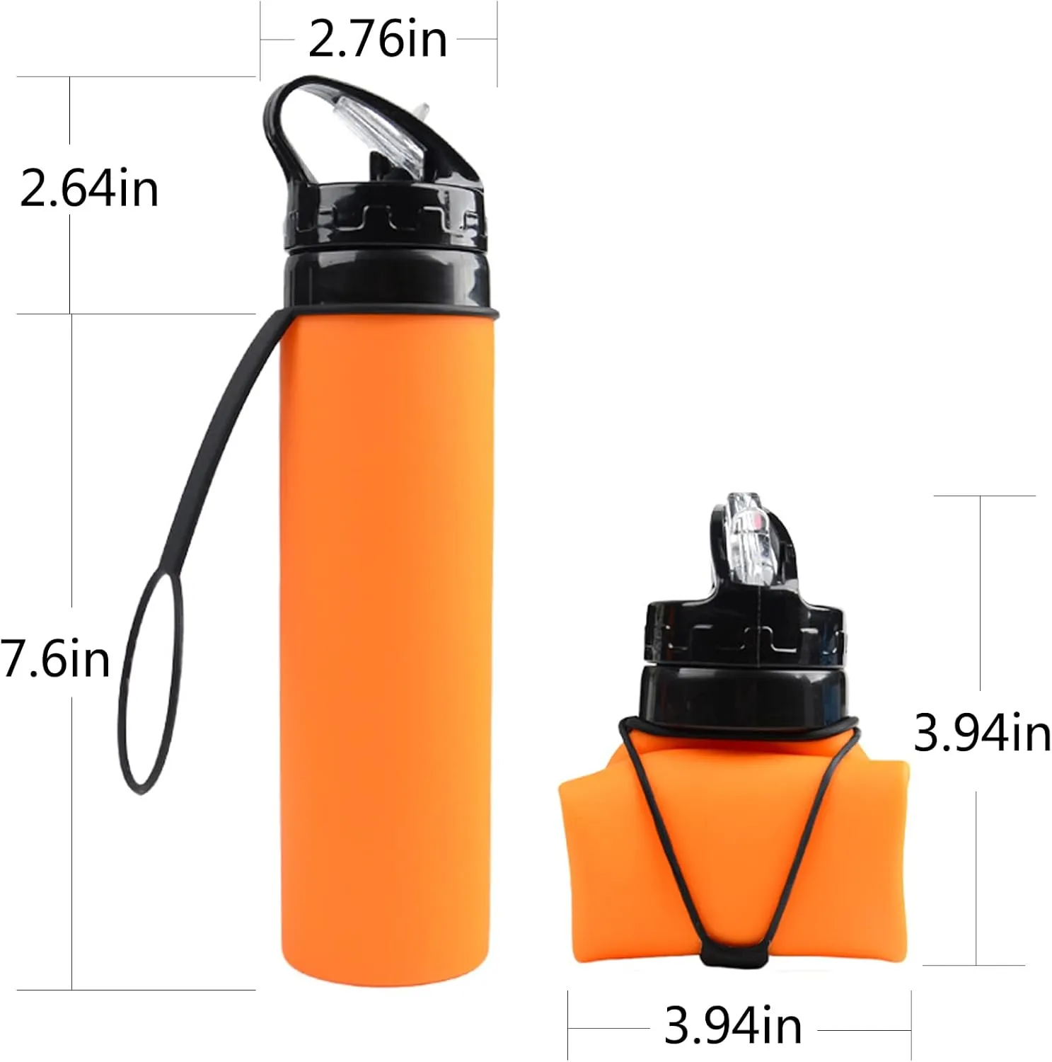 21oz 600ml Silicone Travel Water Bottle, Reusable Water Bottles For School, Collapsible Water Bottles for Traveling, Foldable Sports Water Bottle Squeeze, Travel Essentials(Orange)