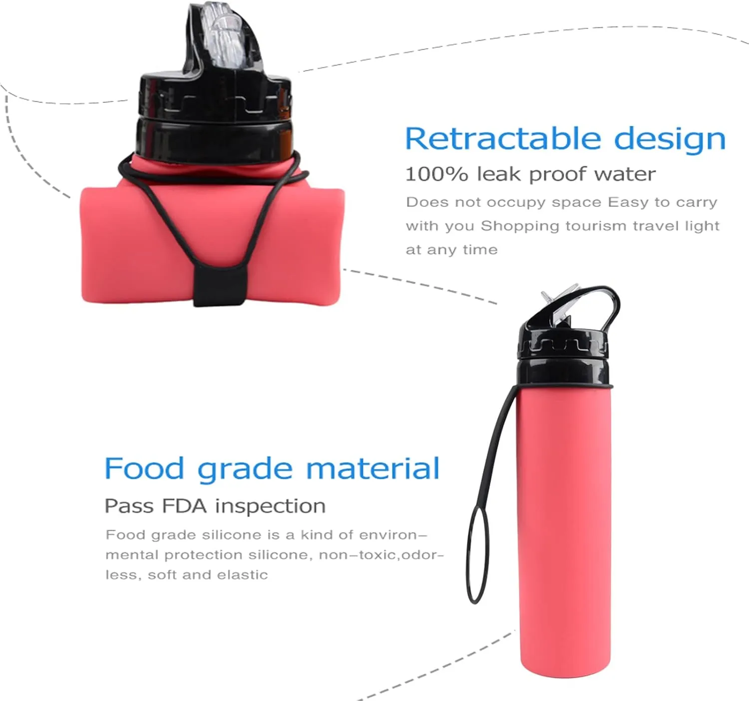21oz 600ml Silicone Travel Water Bottle, Reusable Water Bottles For School, Collapsible Water Bottles for Traveling, Foldable Sports Water Bottle Squeeze, Travel Essentials(Pink)