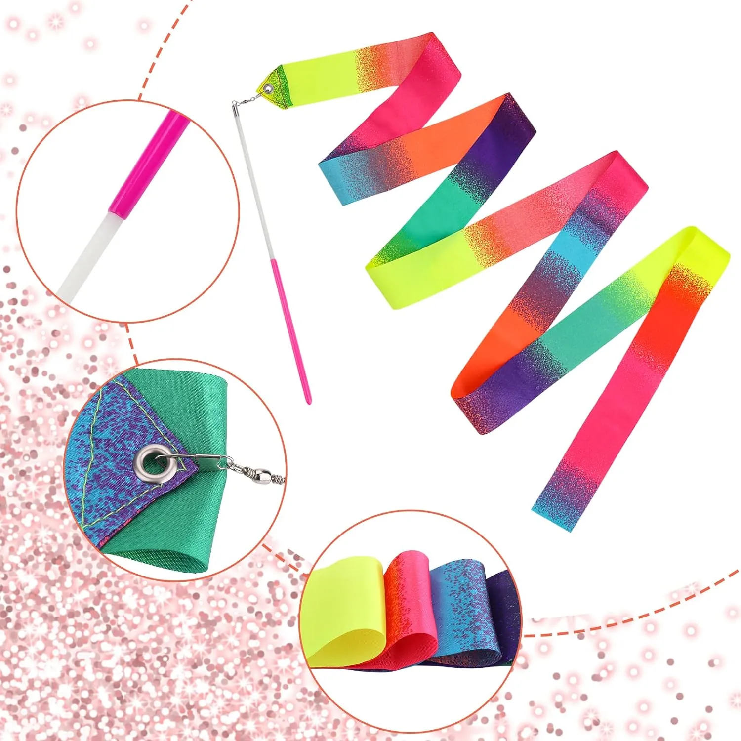2pcs Rhythmic Dance Ribbons, 78.7 Inch Gymnastics Ribbon Dancer Wand Dancing Ribbon Streamers for Kids, Fits Artistic Dancing Gymnastics, Circus Carnival Shows, Baton Stick Twirling