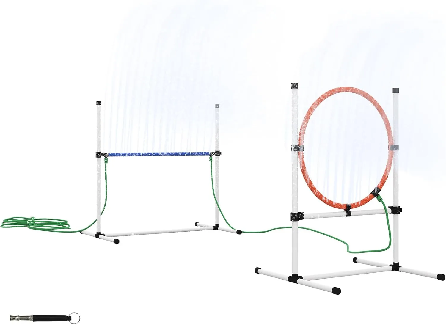 3 Piece Dog Agility Training Equipment Set, Dog Obstacle Course with Adjustable Height Jumping Ring and Hurdle, Spray Water Tube, Carry Bag, Whistle, White
