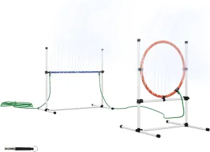 3 Piece Dog Agility Training Equipment Set, Dog Obstacle Course with Adjustable Height Jumping Ring and Hurdle, Spray Water Tube, Carry Bag, Whistle, White
