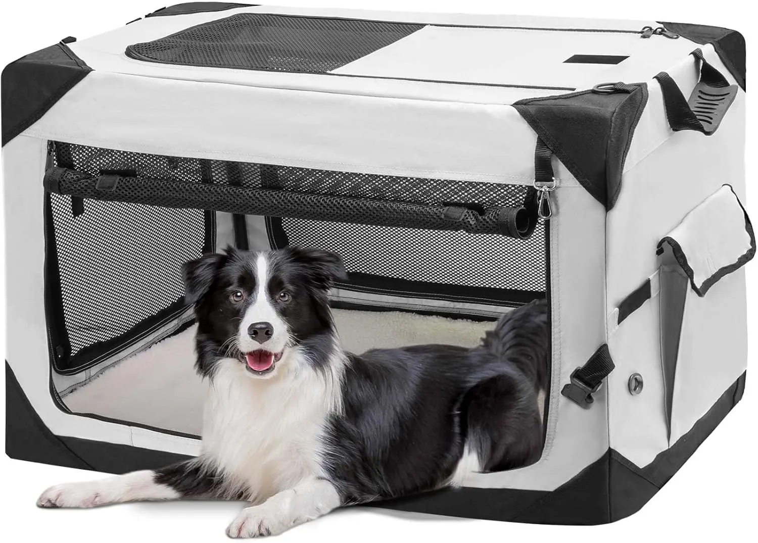 30" Collapsible Soft Dog Crate, Portable Travel Dog Crate for Medium Dogs Indoor & Outdoor, 4-Door Foldable Dog Kennel with Safety Zippers, Mesh Windows, Soft Mat for Travel or Home Use
