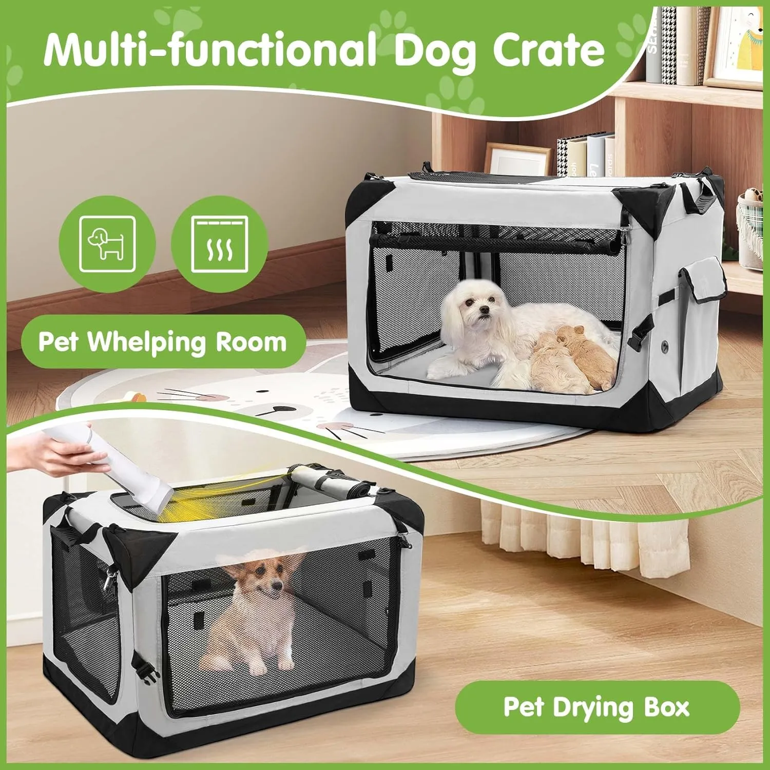 30" Collapsible Soft Dog Crate, Portable Travel Dog Crate for Medium Dogs Indoor & Outdoor, 4-Door Foldable Dog Kennel with Safety Zippers, Mesh Windows, Soft Mat for Travel or Home Use