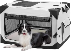 30" Collapsible Soft Dog Crate, Portable Travel Dog Crate for Medium Dogs Indoor & Outdoor, 4-Door Foldable Dog Kennel with Safety Zippers, Mesh Windows, Soft Mat for Travel or Home Use