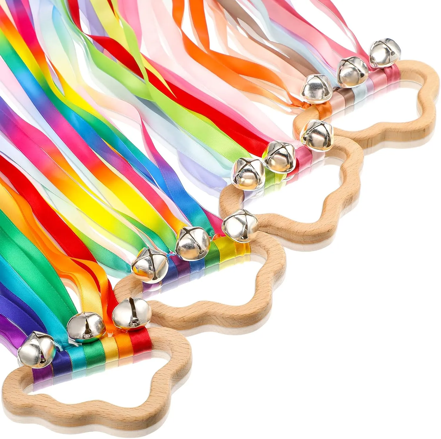 4 Pieces Rainbow Hand Ribbon Kite with Bells Wind Wand Dancing Ribbon Streamer Cloud Wood Sensory Toys Wooden Educational Toy for Party Birthday
