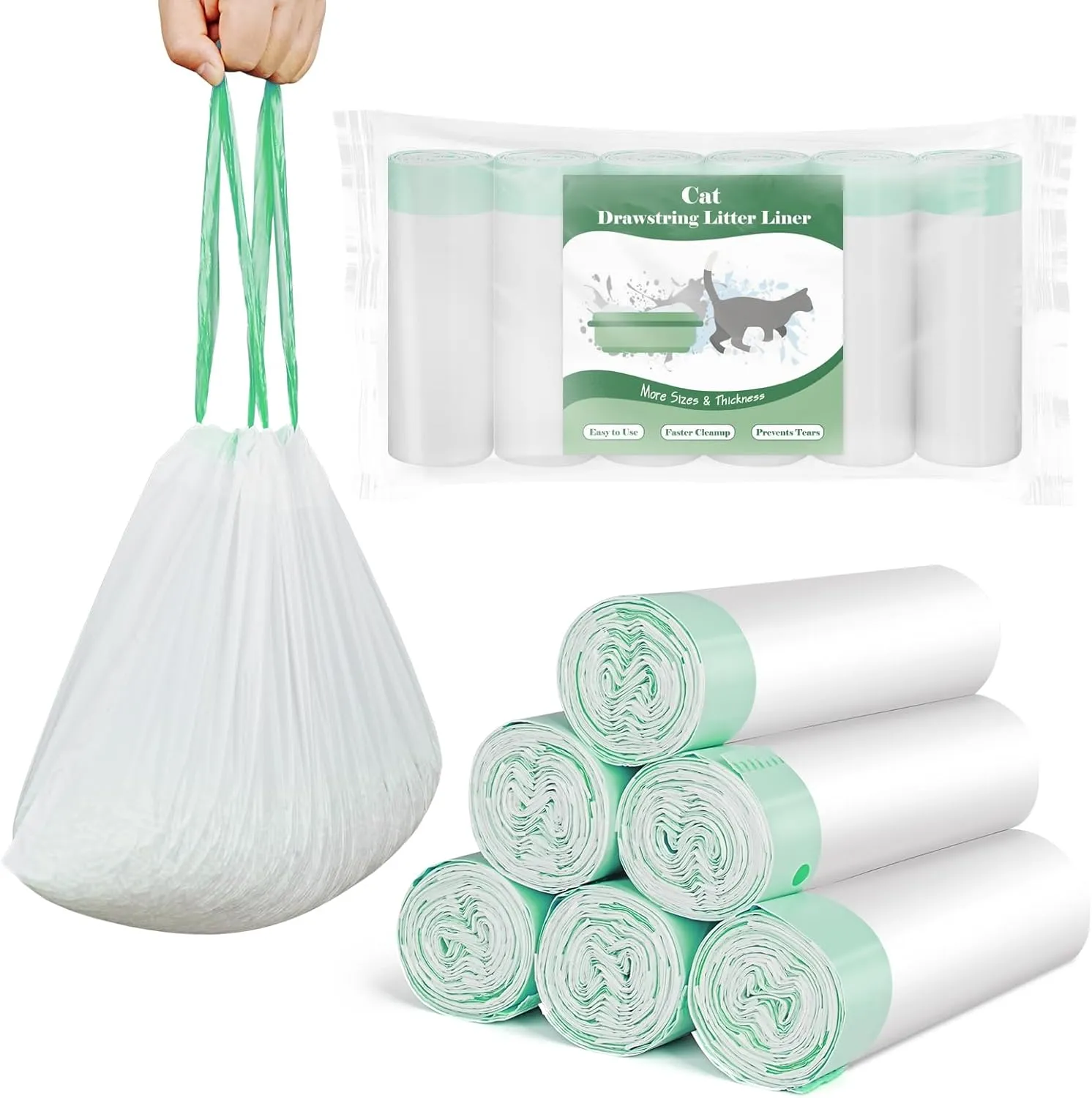 60 Count Cat Litter Box Liners for Drawstring Closure, Heavy Duty Leak-Proof, Tear-Resistant & Odor Control for Self-Cleaning Litter Boxes Fits,M(25.2"x15.7") Green