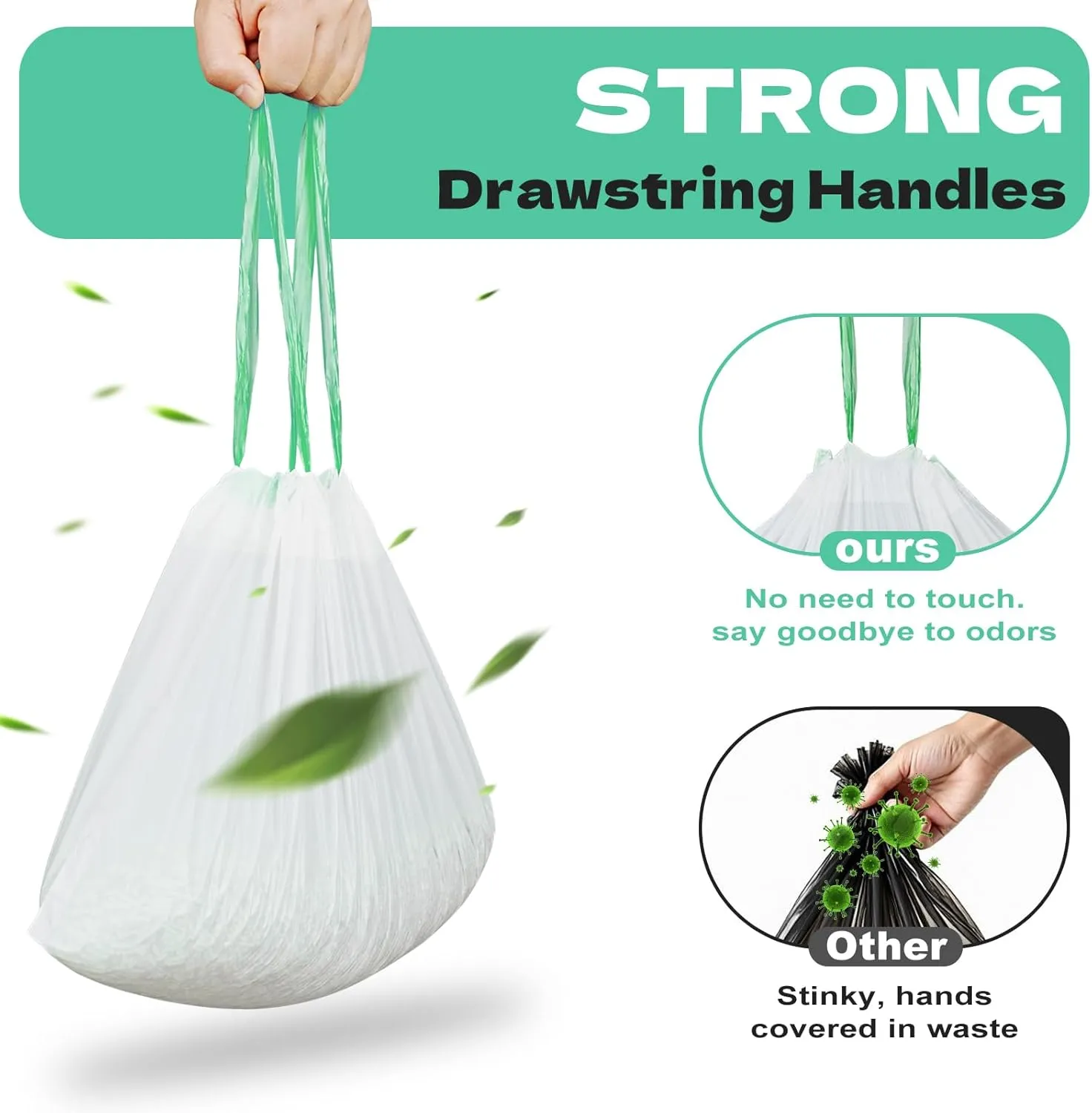 60 Count Cat Litter Box Liners for Drawstring Closure, Heavy Duty Leak-Proof, Tear-Resistant & Odor Control for Self-Cleaning Litter Boxes Fits,M(25.2"x15.7") Green
