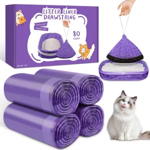 80 Count Cat Litter Box Liners Bags Large, Jumbo Drawstring Extra Thick Pet Cat Pan Liners, Extra Durable Kitty Litter Box Waste Bags - 36" x 18"