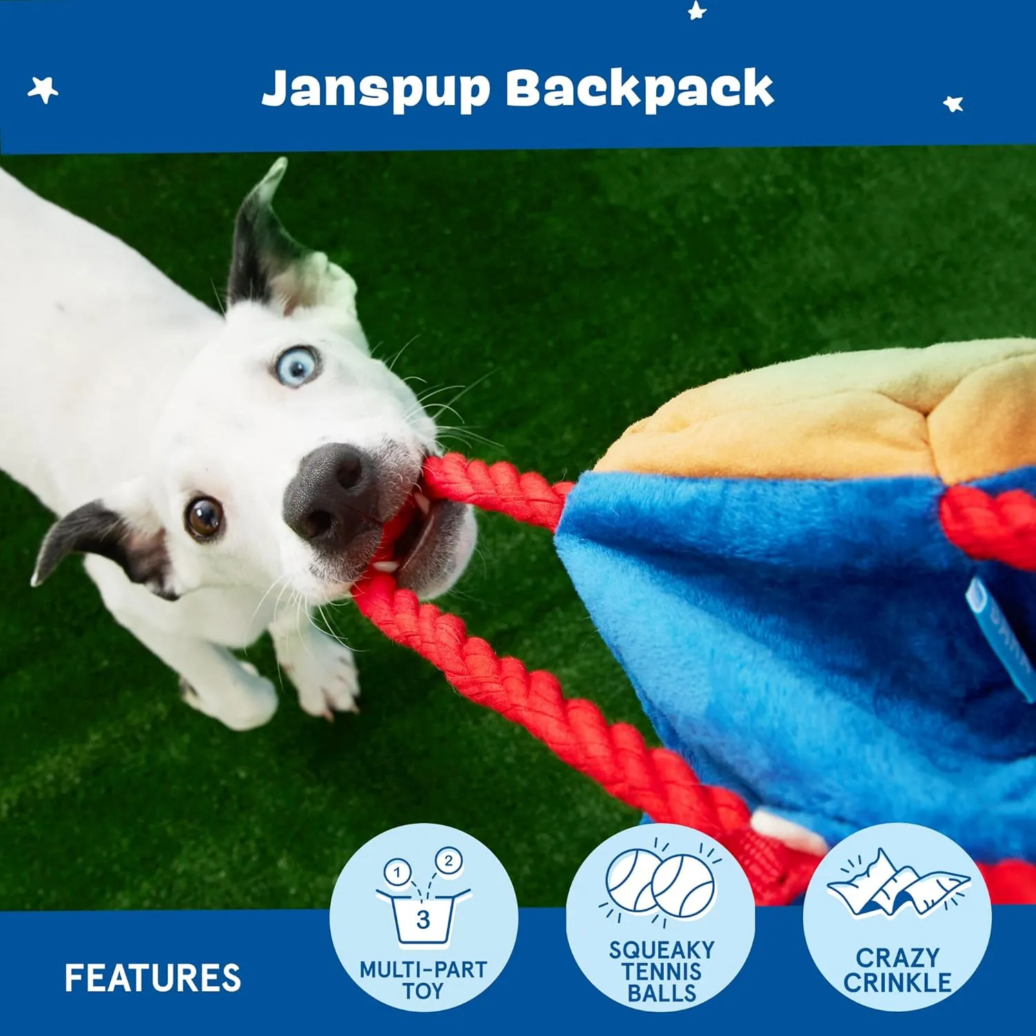 Barkbox 2 in 1 Interactive Plush Dog Toy - Rip and Reveal Toy for Dogs and Puppies - Stimulating Squeaky Pet Toys | Janspup Backpack (Large)