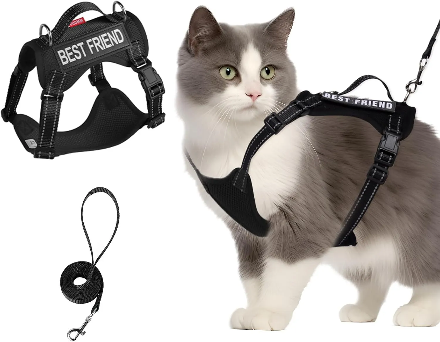 Black Cat Tactical Breastplate and Leash, Anti-Escape Adjustable Soft Mesh Cat Leash and Breastplate Set for All Types of Cats Vests (Black,L,11-16.5lb)