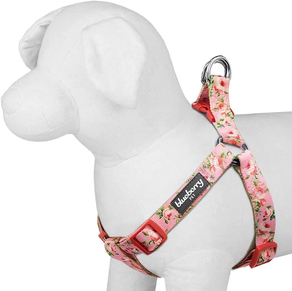 Blueberry Pet 9 Patterns Step-in Spring Scent Inspired Floral Rose Baby Pink Dog Harness, Chest Girth 20" - 26", Medium, Adjustable Harnesses for Dogs
