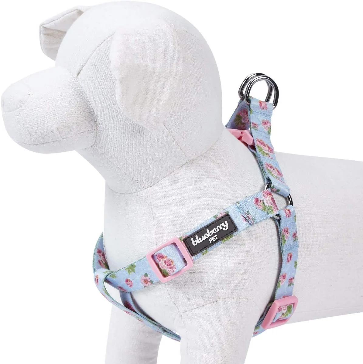 Blueberry Pet 9 Patterns Step-in Spring Scent Inspired Rose Blossom Floral Print Pastel Blue Dog Harness, Chest Girth 26" - 39", Large, Adjustable Harnesses for Dogs