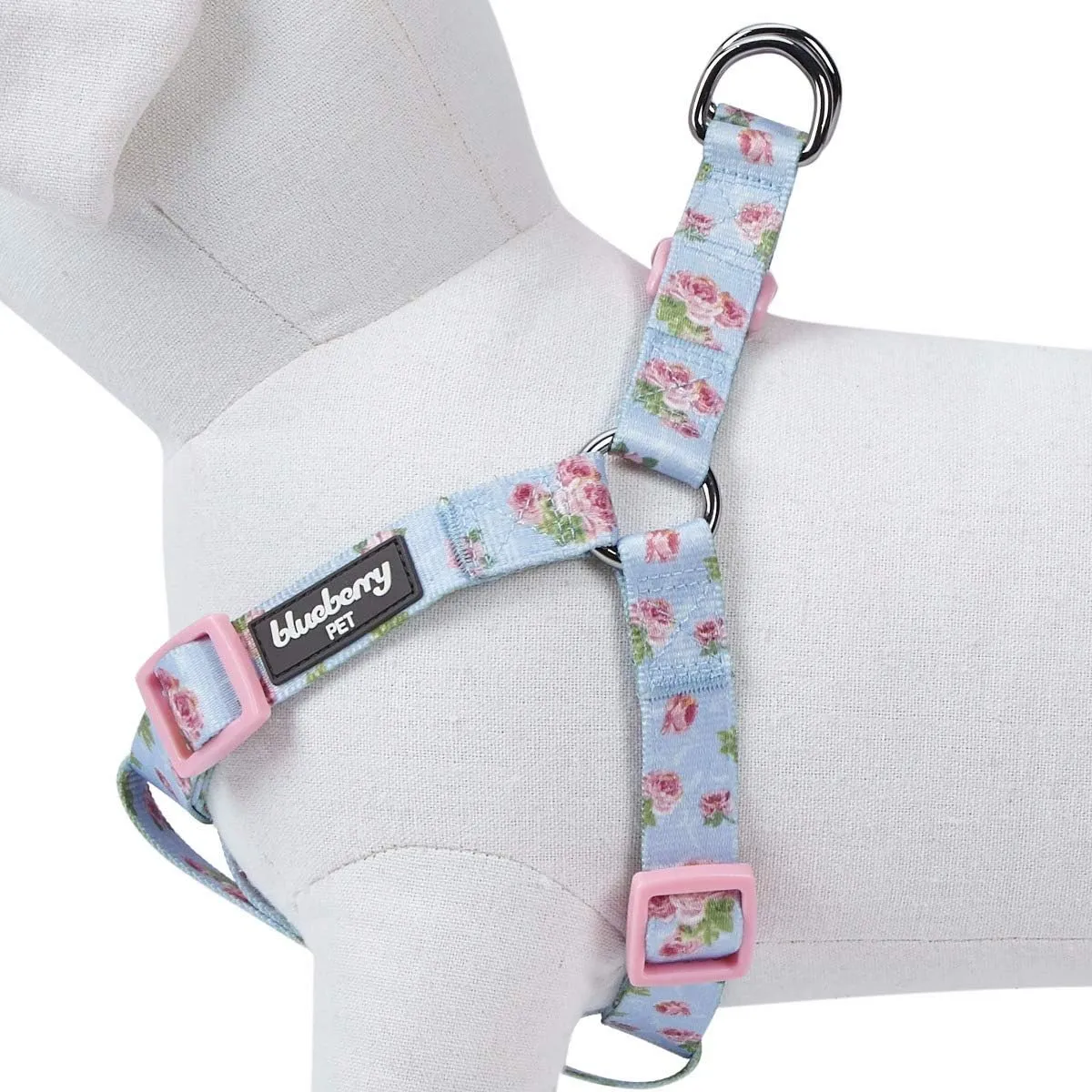 Blueberry Pet 9 Patterns Step-in Spring Scent Inspired Rose Blossom Floral Print Pastel Blue Dog Harness, Chest Girth 26" - 39", Large, Adjustable Harnesses for Dogs
