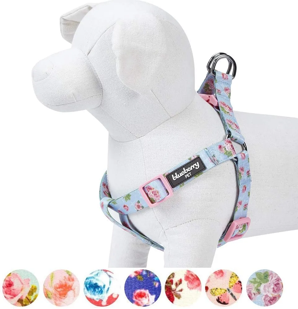 Blueberry Pet 9 Patterns Step-in Spring Scent Inspired Rose Blossom Floral Print Pastel Blue Dog Harness, Chest Girth 26" - 39", Large, Adjustable Harnesses for Dogs