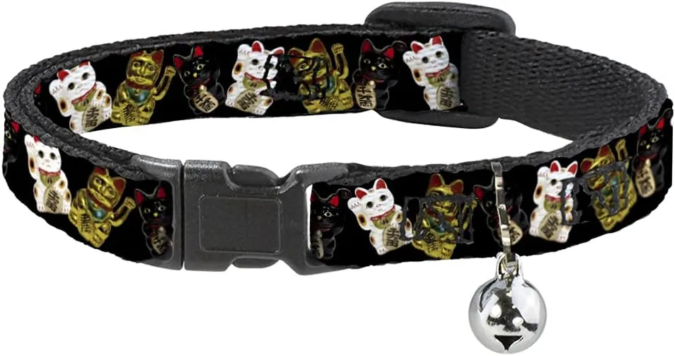 Cat Collar Breakaway Maneki Neko Lucky Cats Gold Black White 8 to 12 Inches 0.5 Inch Wide