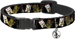 Cat Collar Breakaway Maneki Neko Lucky Cats Gold Black White 8 to 12 Inches 0.5 Inch Wide