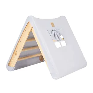Climbing triangle house with foldable 59x61cm indoor climbing frame for toddler room, linen, cotton (nature/grey blue)