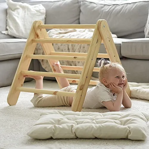 Climbing triangle house with foldable 59x61cm indoor climbing frame for toddler room, linen, cotton (nature/grey blue)
