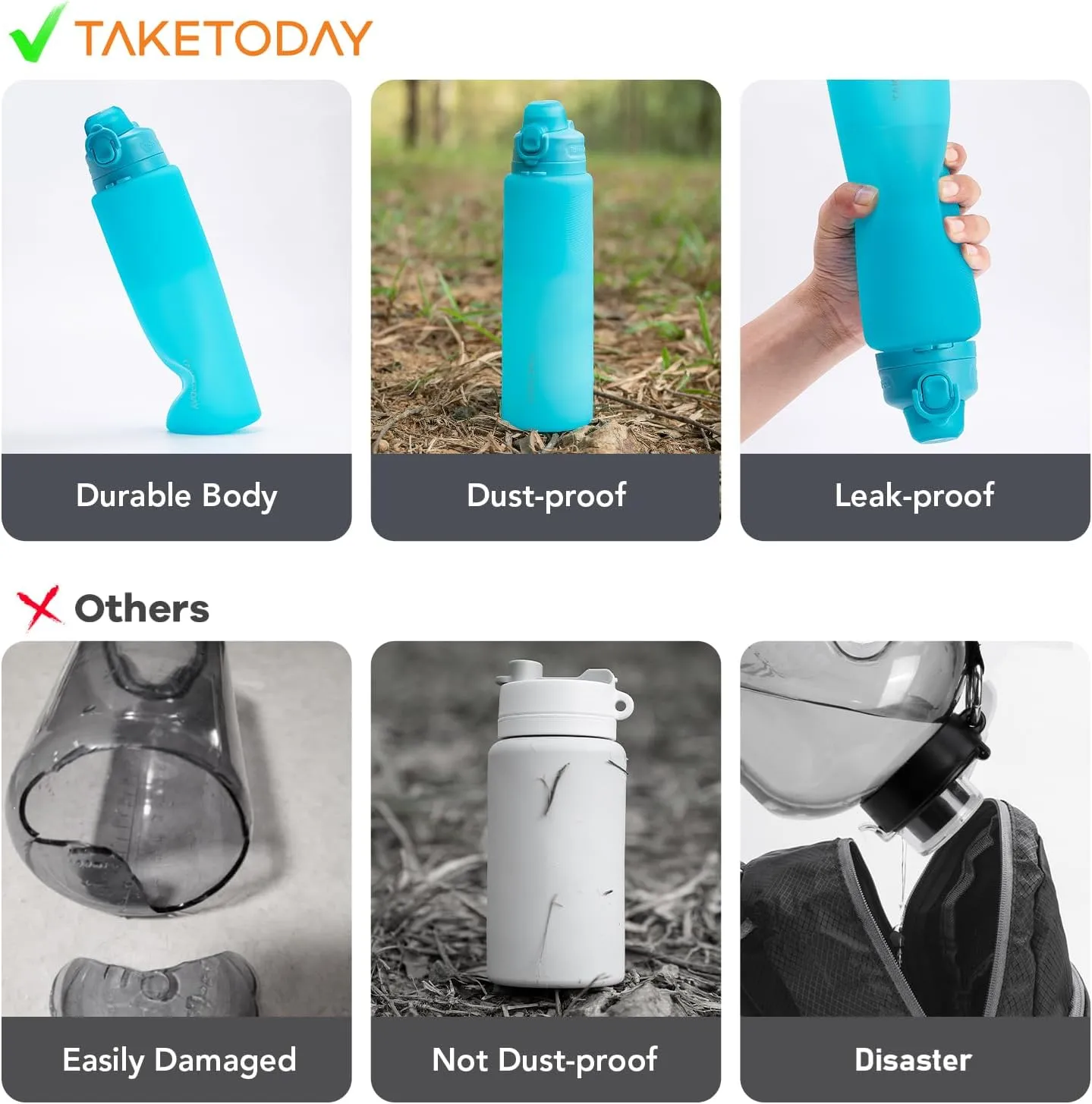Collapsible 32oz Silicone Water Bottles, Foldable Travel Bottle with Strap, BPA Free, Leakproof for Hiking, International Travel, Outdoors(Blue)