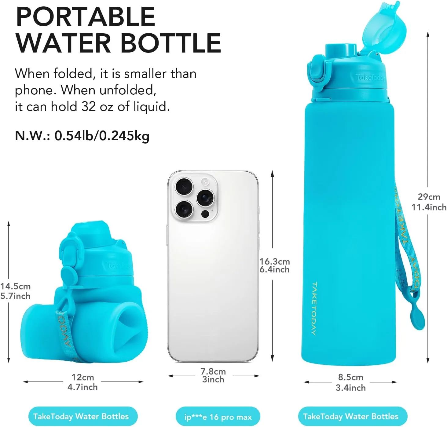 Collapsible 32oz Silicone Water Bottles, Foldable Travel Bottle with Strap, BPA Free, Leakproof for Hiking, International Travel, Outdoors(Blue)