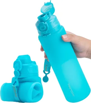 Collapsible 32oz Silicone Water Bottles, Foldable Travel Bottle with Strap, BPA Free, Leakproof for Hiking, International Travel, Outdoors(Blue)