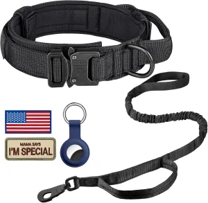 DAGANXI Tactical Dog Collar Leash Set, Adjustable Military Training Nylon Dog Collar with Controll Handle and Heavy Metal Buckle for Medium and Large Dogswith Patches and Airtags Case (L, Black-Set)