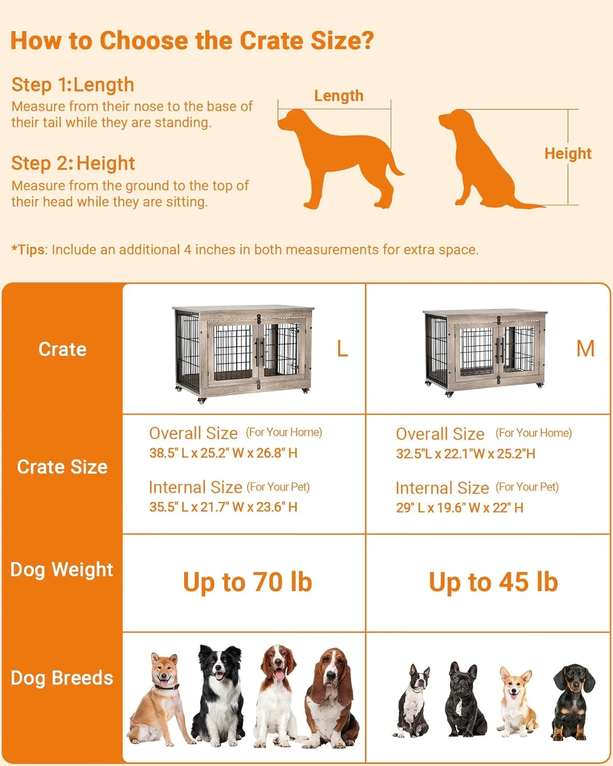 Dog Crate Furniture with Cushion, Large Wooden Dog Kennel Indoor with Double Doors, Dog Cage with Wheels, Dog House Side End Table for Large Medium Dogs up to 70 lb, 38.5 L, Grey