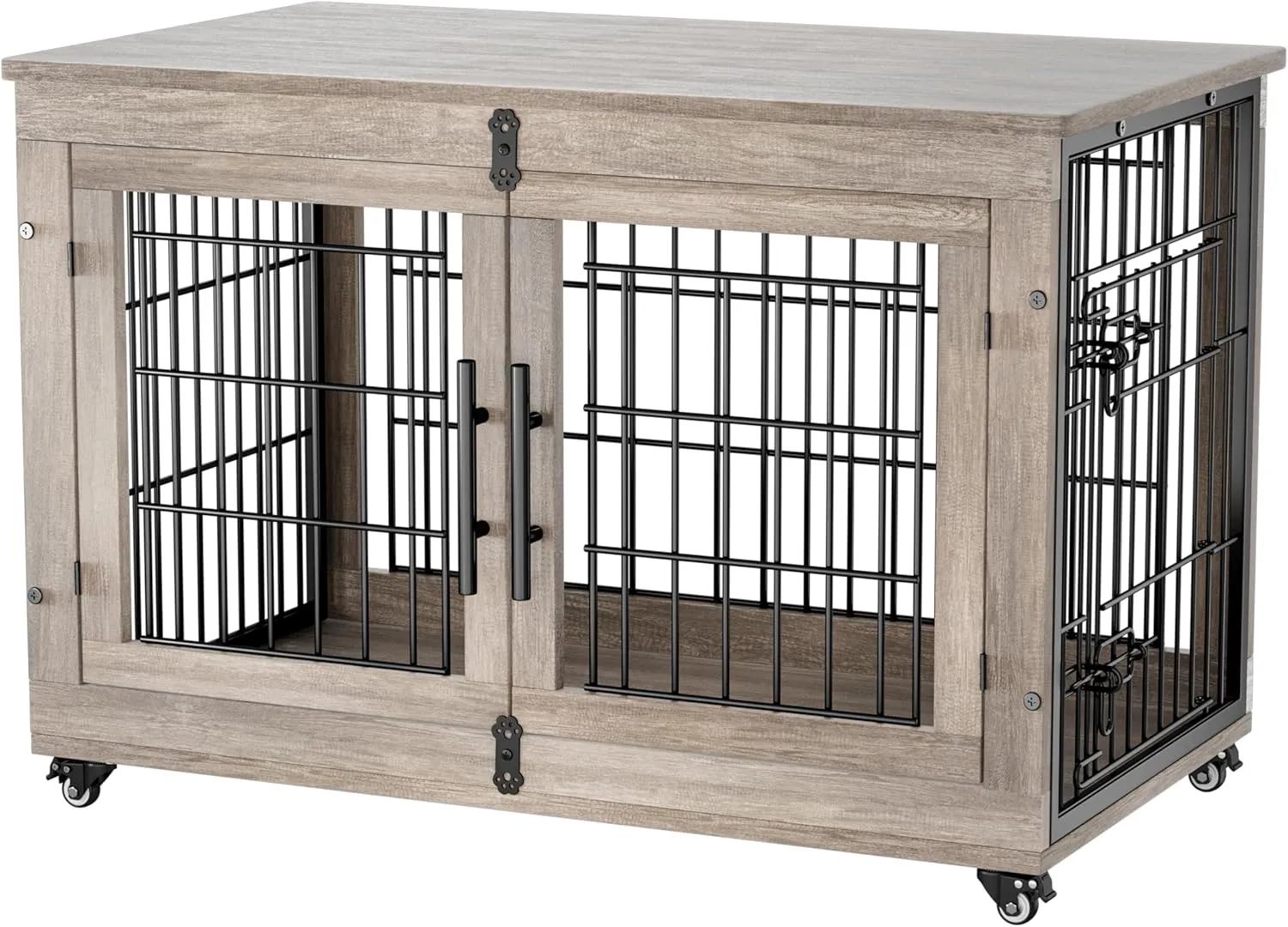 Dog Crate Furniture with Cushion, Large Wooden Dog Kennel Indoor with Double Doors, Dog Cage with Wheels, Dog House Side End Table for Large Medium Dogs up to 70 lb, 38.5 L, Grey