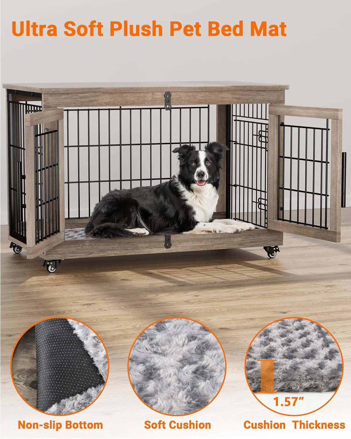 Dog Crate Furniture with Cushion, Large Wooden Dog Kennel Indoor with Double Doors, Dog Cage with Wheels, Dog House Side End Table for Large Medium Dogs up to 70 lb, 38.5 L, Grey