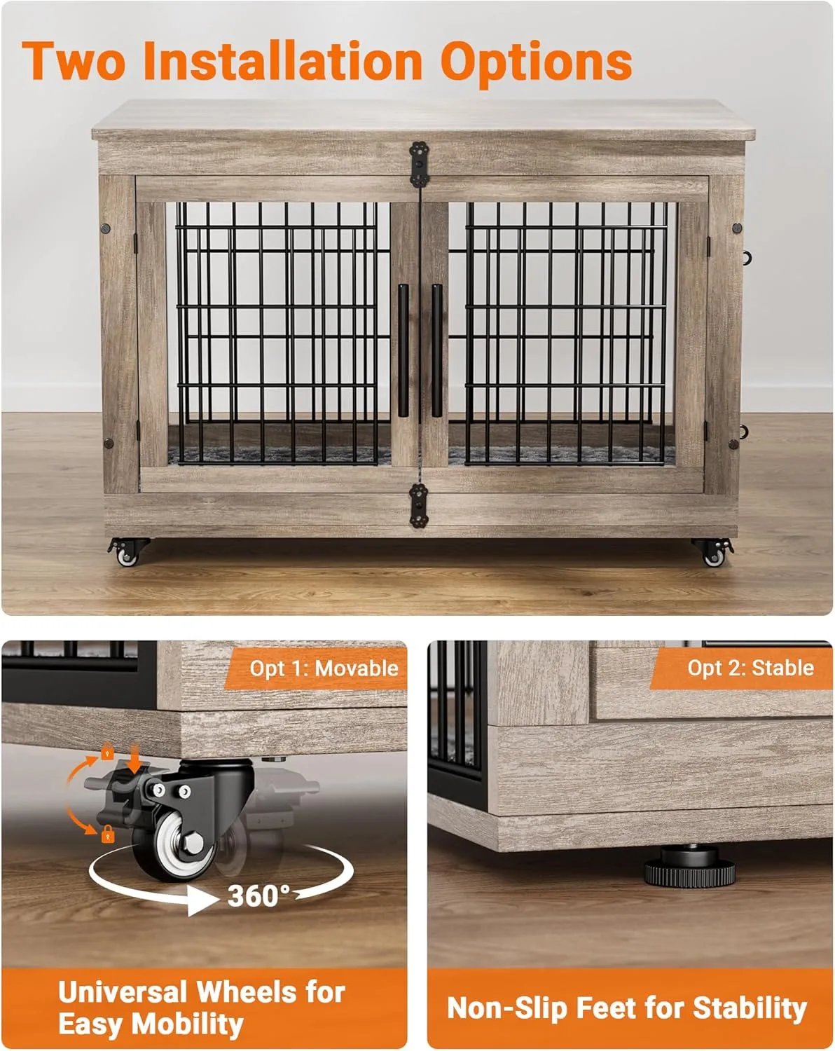 Dog Crate Furniture with Cushion, Large Wooden Dog Kennel Indoor with Double Doors, Dog Cage with Wheels, Dog House Side End Table for Large Medium Dogs up to 70 lb, 38.5 L, Grey
