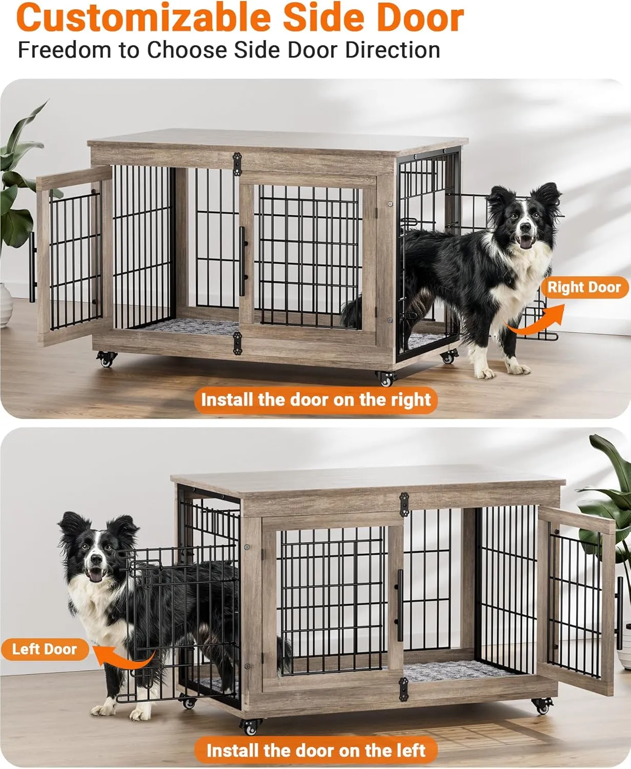 Dog Crate Furniture with Cushion, Large Wooden Dog Kennel Indoor with Double Doors, Dog Cage with Wheels, Dog House Side End Table for Large Medium Dogs up to 70 lb, 38.5 L, Grey