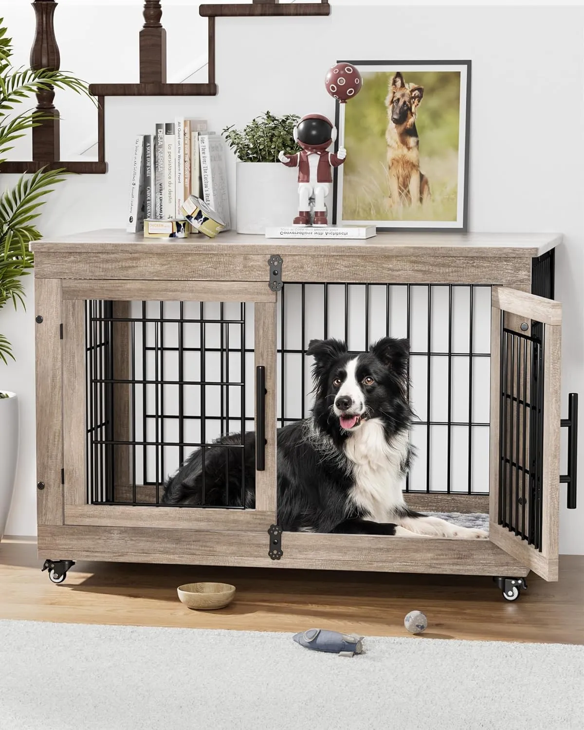 Dog Crate Furniture with Cushion, Large Wooden Dog Kennel Indoor with Double Doors, Dog Cage with Wheels, Dog House Side End Table for Large Medium Dogs up to 70 lb, 38.5 L, Grey