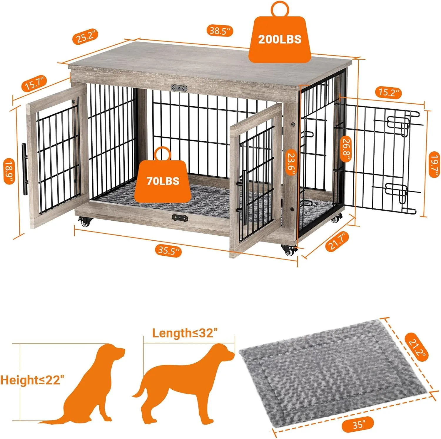 Dog Crate Furniture with Cushion, Large Wooden Dog Kennel Indoor with Double Doors, Dog Cage with Wheels, Dog House Side End Table for Large Medium Dogs up to 70 lb, 38.5 L, Grey