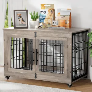 Dog Crate Furniture with Cushion, Large Wooden Dog Kennel Indoor with Double Doors, Dog Cage with Wheels, Dog House Side End Table for Large Medium Dogs up to 70 lb, 38.5 L, Grey