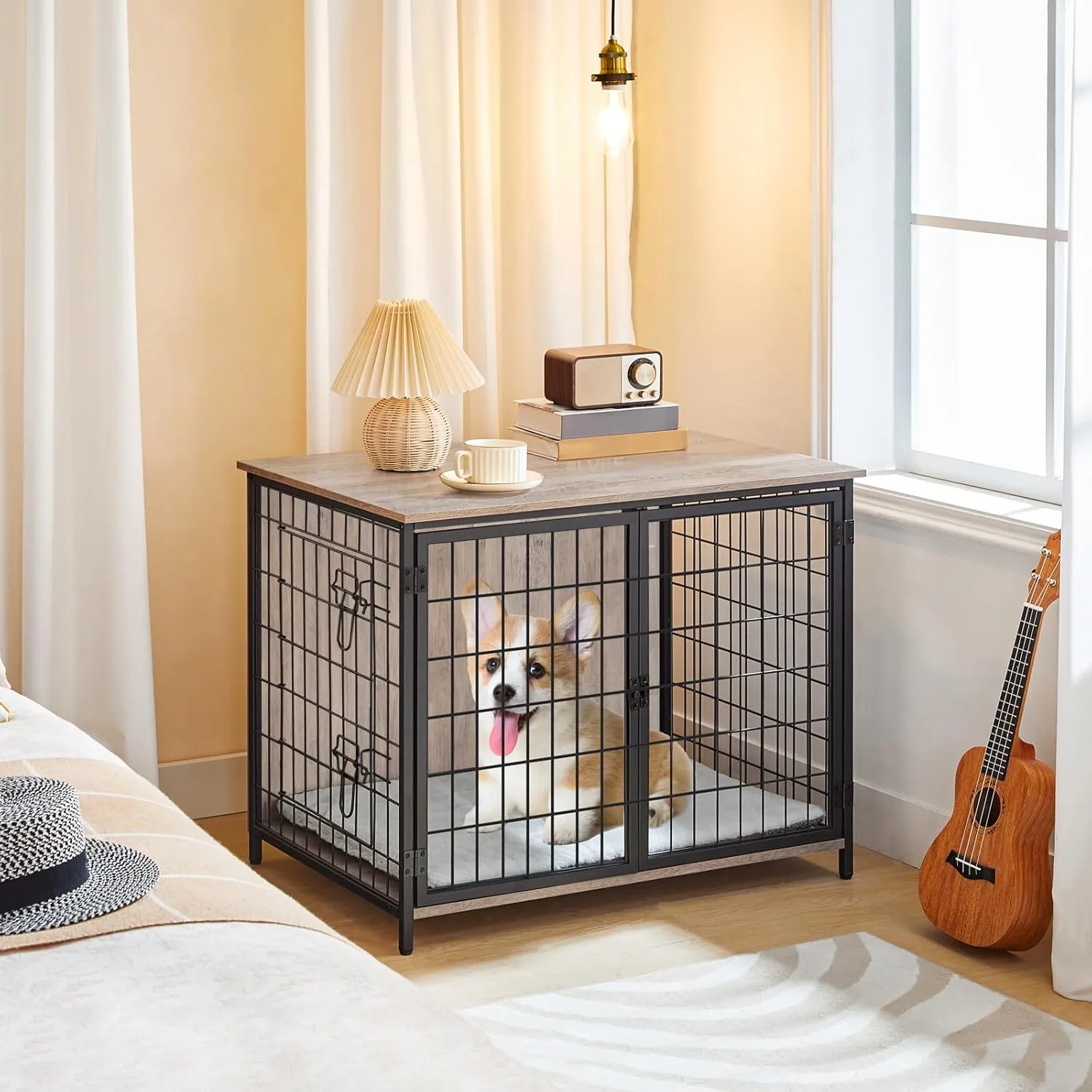 Dog Crate Furniture with Cushion, Wooden Dog Kennel with Double Doors, Heavy Duty Dog Cage for Small/Medium/Large Dogs, Indoor Dog House End Table, 31.5" L, Greige DCHG0701