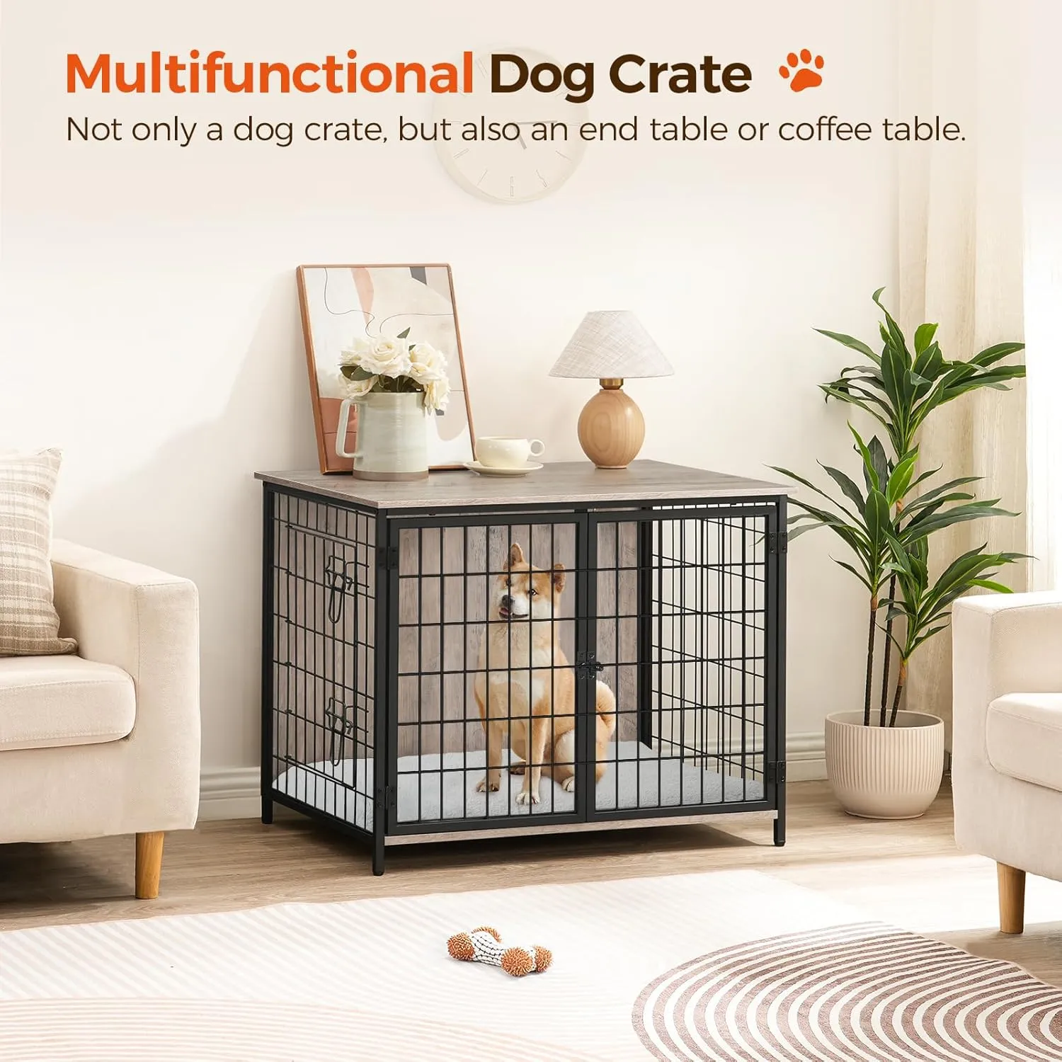 Dog Crate Furniture with Cushion, Wooden Dog Kennel with Double Doors, Heavy Duty Dog Cage for Small/Medium/Large Dogs, Indoor Dog House End Table, 31.5" L, Greige DCHG0701