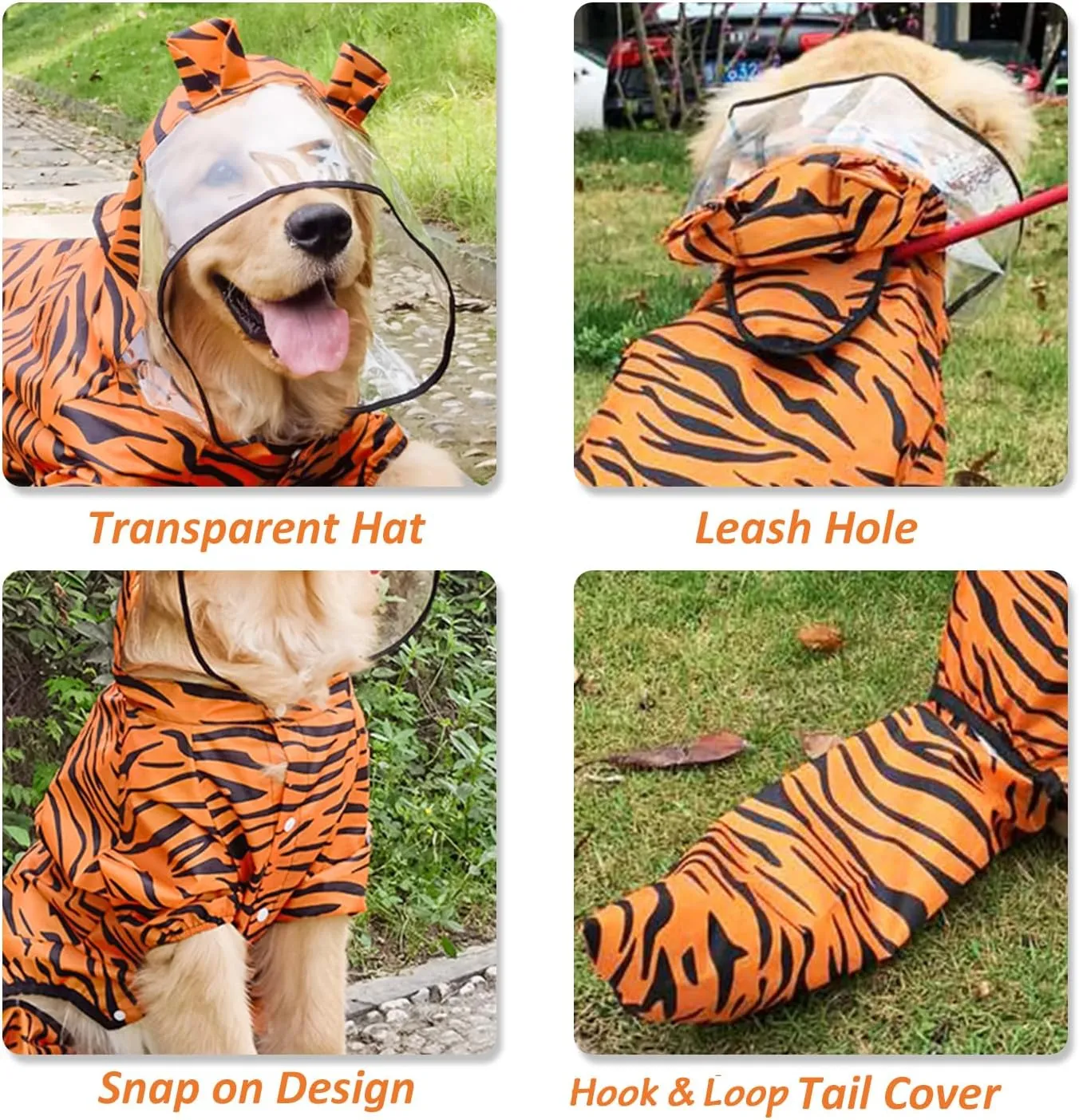 Dog Raincoat, Tail Protect Legs Cover Tiger Cosplay Raincoat Costume Cute Animals Pattern Raincoat Jacket for Medium Large Dogs 4XL