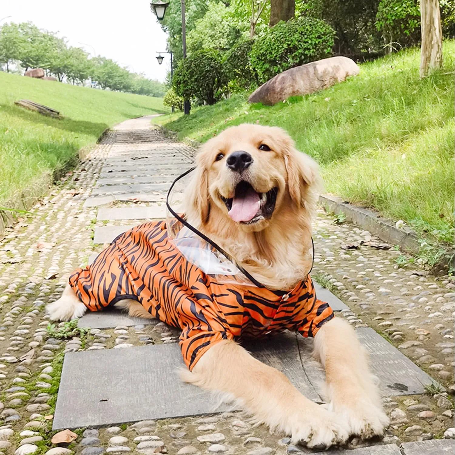 Dog Raincoat, Tail Protect Legs Cover Tiger Cosplay Raincoat Costume Cute Animals Pattern Raincoat Jacket for Medium Large Dogs 4XL