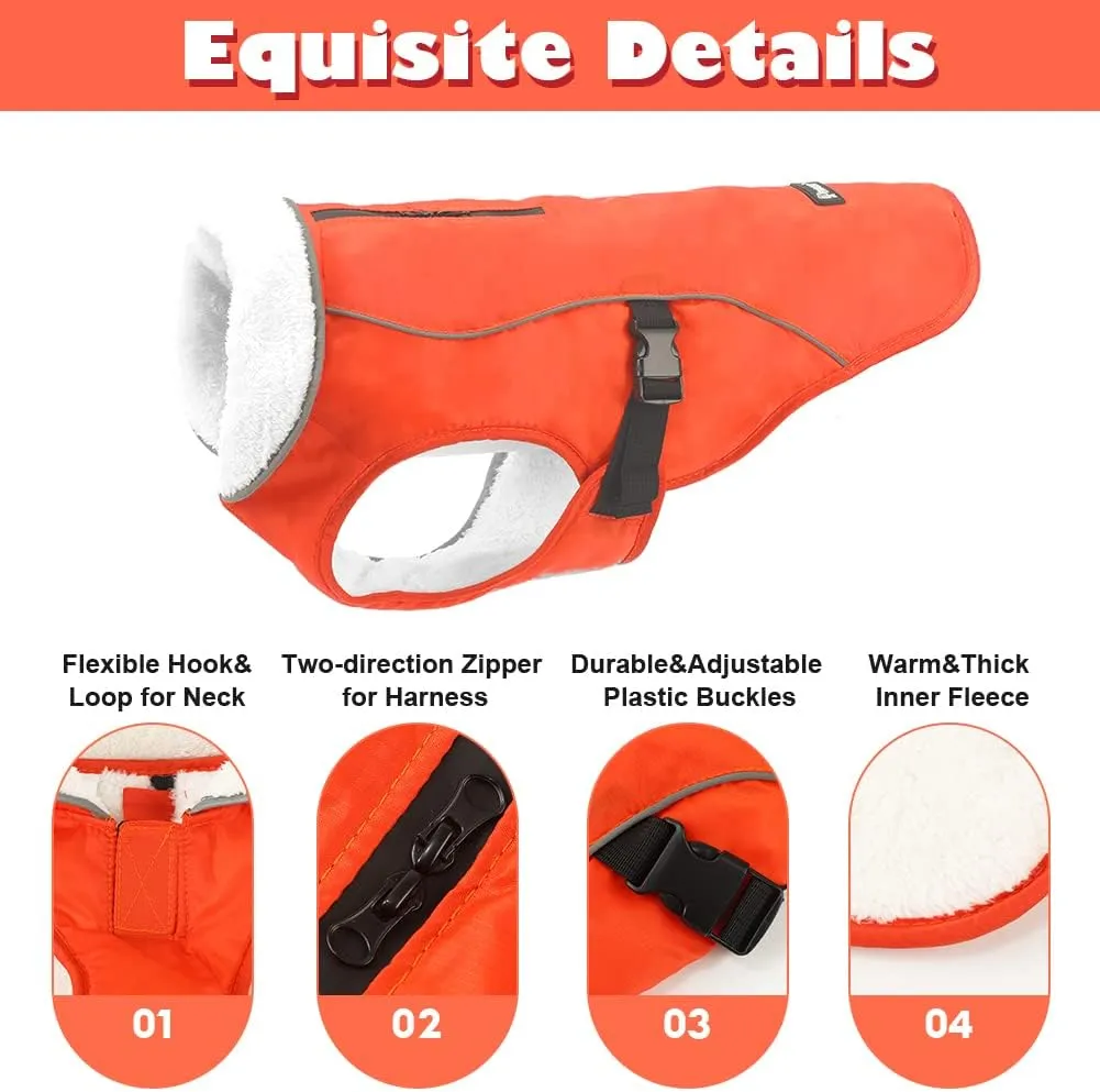 EMUST Winter Dog Jacket, Windproof Dog Apparel for Cold Weather, Reflective Coats for Dogs, Warm Puppy Jacket, Orange, S