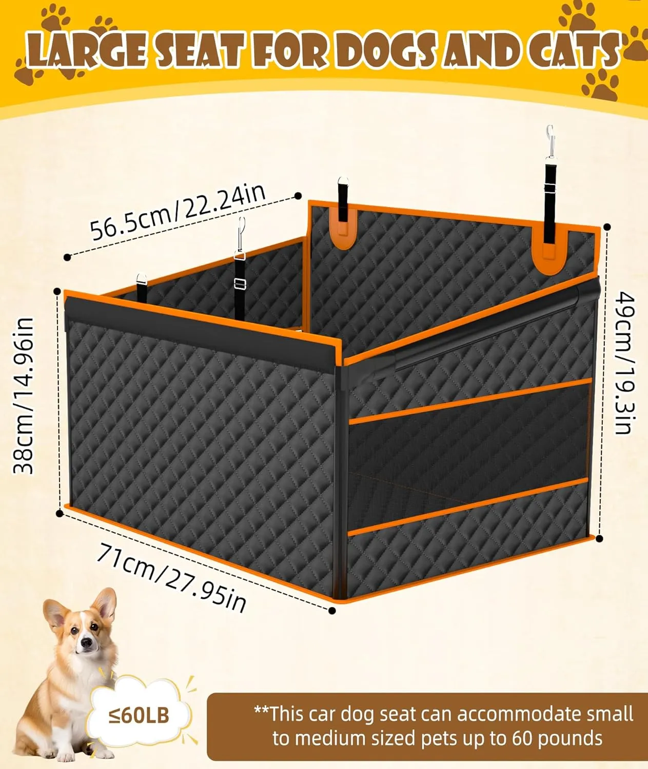 EPN Dog Car Seat for Large Dogs, Foldable Pet Car Seat with Waterproof Oxford Fabric, Non-Slip Bottom, Reinforced Support & Storage Pockets, Ideal for Road Trips