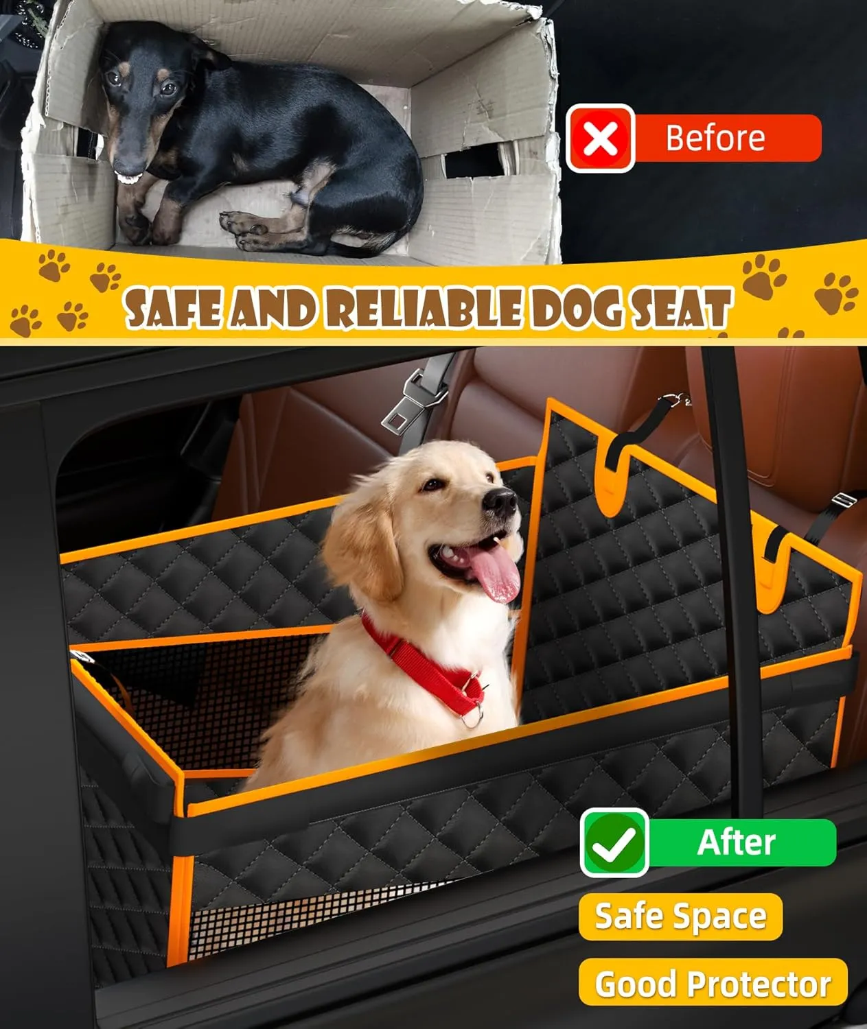 EPN Dog Car Seat for Large Dogs, Foldable Pet Car Seat with Waterproof Oxford Fabric, Non-Slip Bottom, Reinforced Support & Storage Pockets, Ideal for Road Trips
