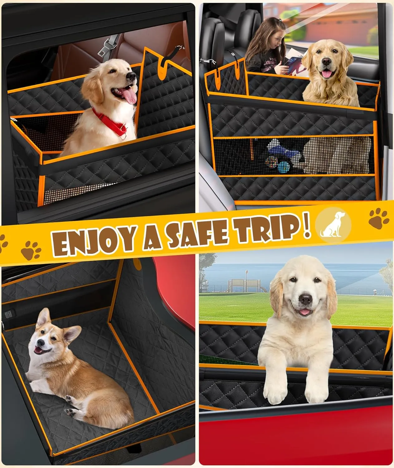 EPN Dog Car Seat for Large Dogs, Foldable Pet Car Seat with Waterproof Oxford Fabric, Non-Slip Bottom, Reinforced Support & Storage Pockets, Ideal for Road Trips