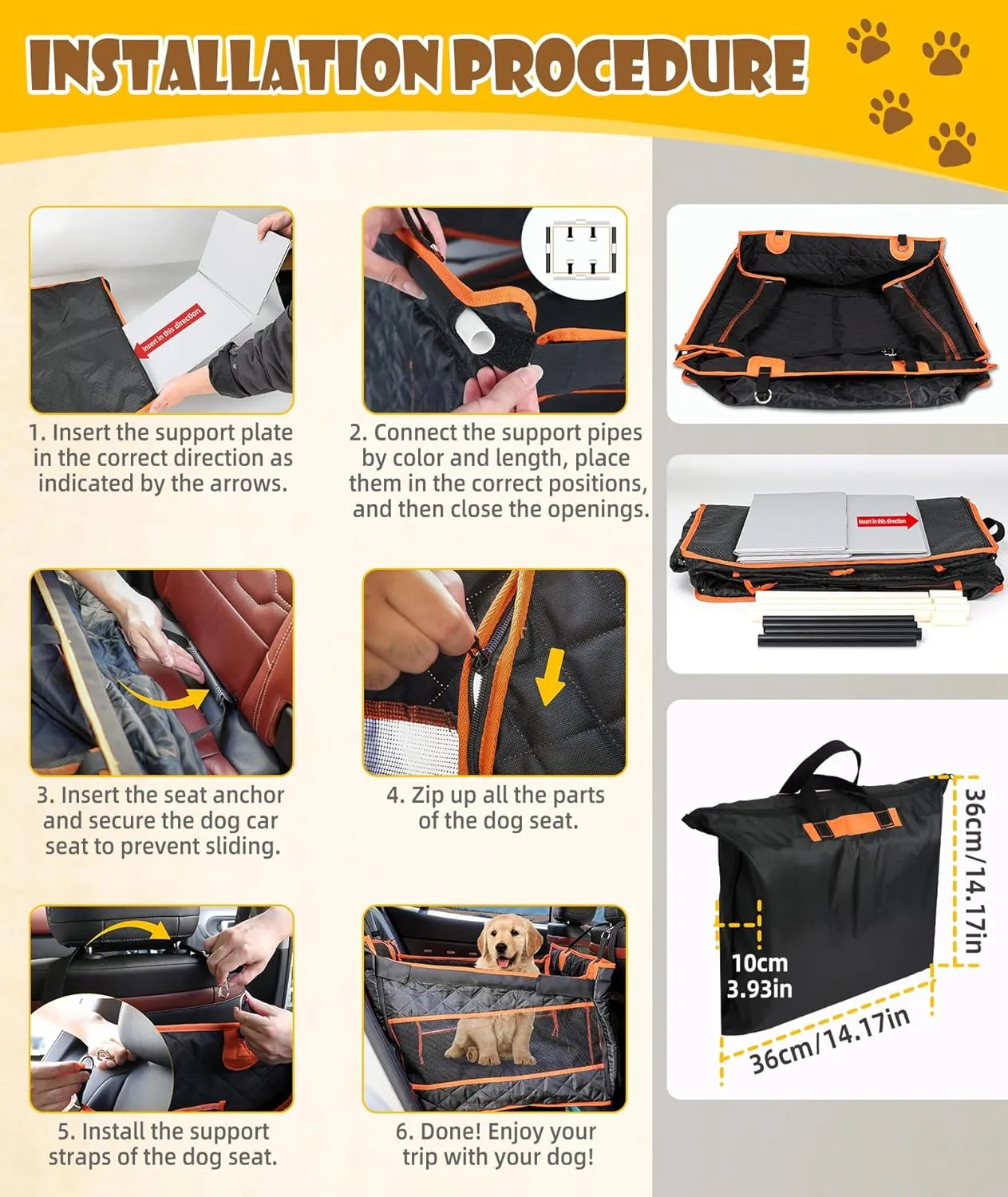 EPN Dog Car Seat for Large Dogs, Foldable Pet Car Seat with Waterproof Oxford Fabric, Non-Slip Bottom, Reinforced Support & Storage Pockets, Ideal for Road Trips