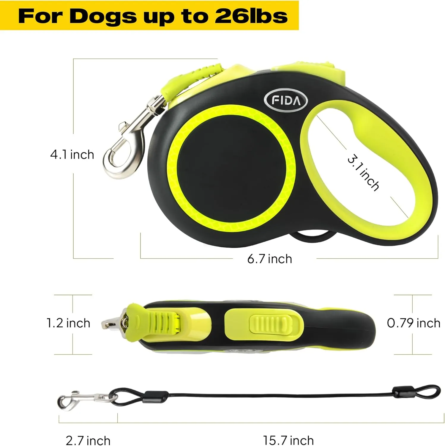 Fida Retractable Dog Leash, Reflective 16ft Heavy Duty Pet Walking Leash for Small/Medium Dog up to 26 lbs, Tangle Free. One-Hand Brake (Small, Neon Yellow)
