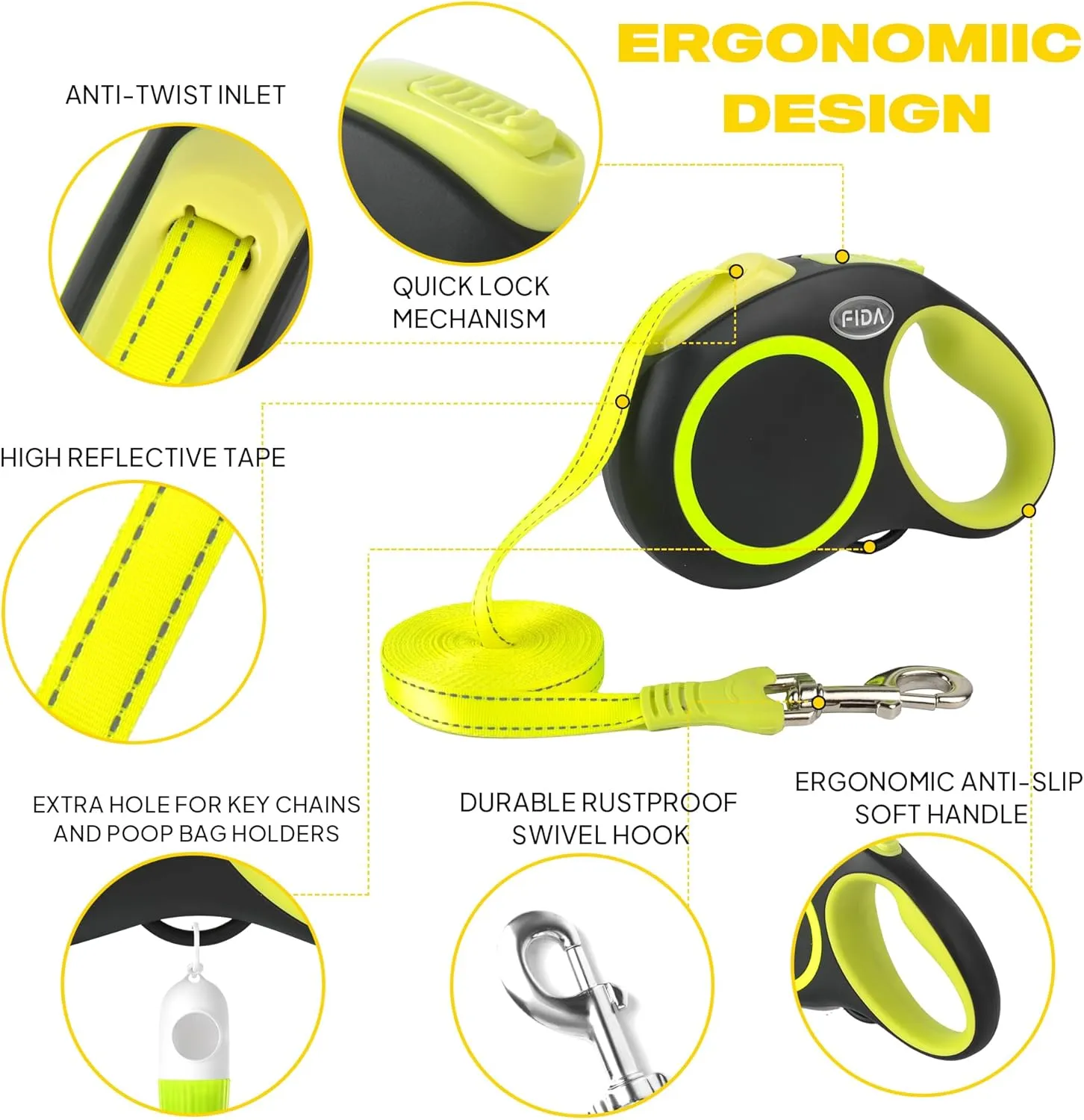 Fida Retractable Dog Leash, Reflective 16ft Heavy Duty Pet Walking Leash for Small/Medium Dog up to 26 lbs, Tangle Free. One-Hand Brake (Small, Neon Yellow)