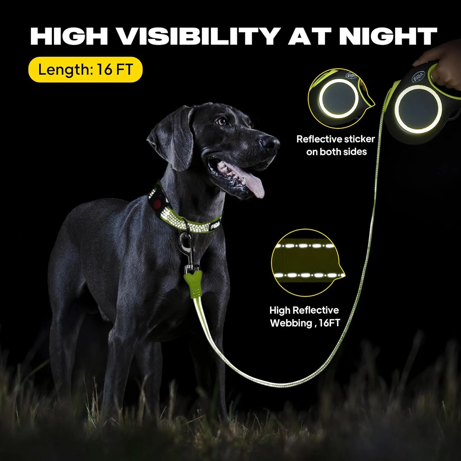 Fida Retractable Dog Leash, Reflective 16ft Heavy Duty Pet Walking Leash for Small/Medium Dog up to 26 lbs, Tangle Free. One-Hand Brake (Small, Neon Yellow)